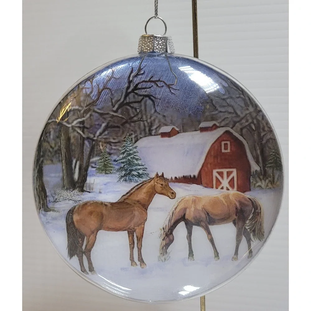 Roman Inc Christmas Ornament Winter Scene‎ Horses Barn Silver Disc 2011 NEW RARE